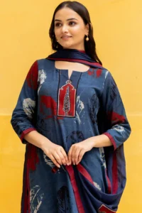Ajrakh Abstract leaf hand print 3-Piece Suit Set with Solid Blue Pants
