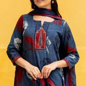 Ajrakh Abstract leaf hand print 3-Piece Suit Set with Solid Blue Pants