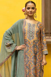 Hand Block Printed Muslin Suit Set with Chanderi Patchwork Dupatta
