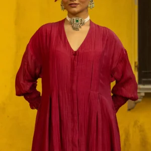 Long Front Open Kurta Dress with Matching Scalloped Pants & Embroidered Sleeves