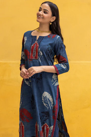 Ajrakh Blue Abstract leaf Print Kurta with Patchwork - Image 9