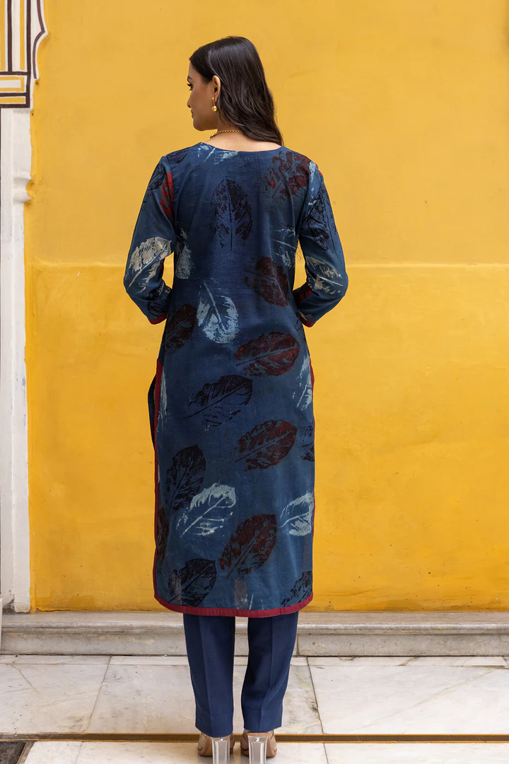 Ajrakh Blue Abstract leaf Print Kurta with Patchwork - Image 7
