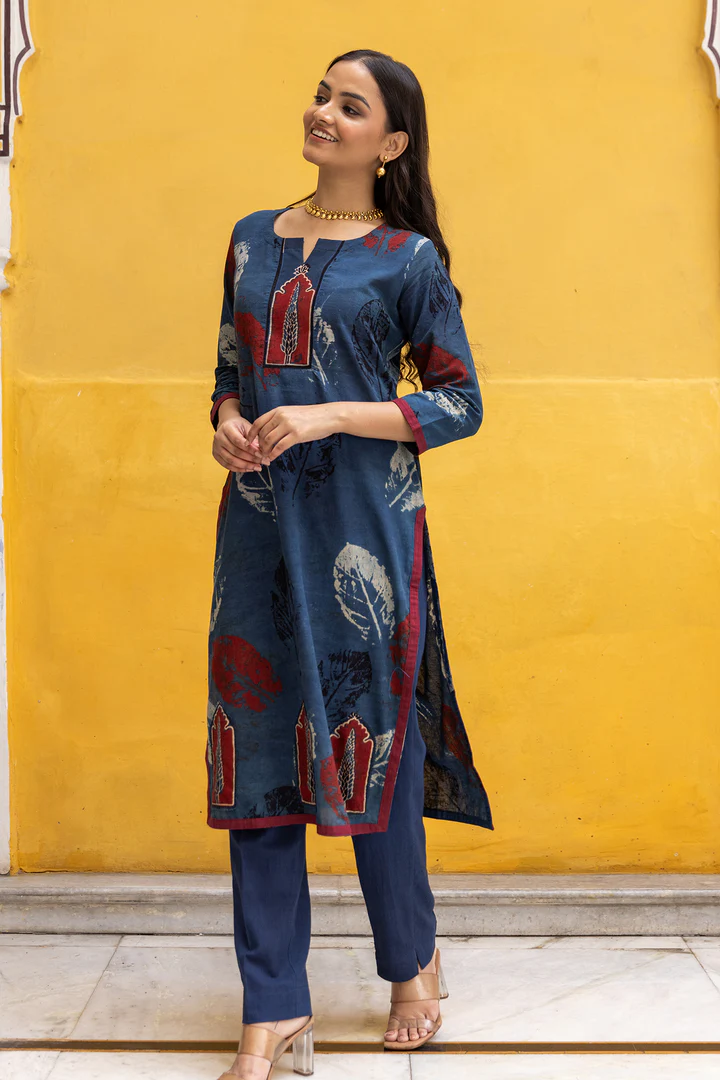 Ajrakh Blue Abstract leaf Print Kurta with Patchwork - Image 8