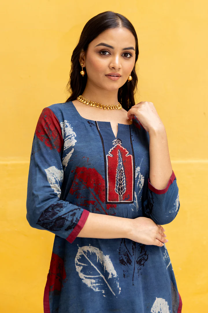 Ajrakh Blue Abstract leaf Print Kurta with Patchwork - Image 2