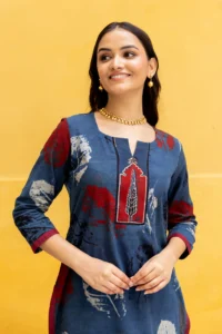 Ajrakh Blue Abstract leaf Print Kurta with Patchwork