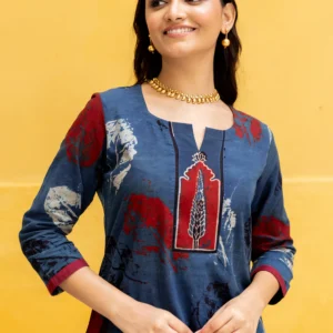Ajrakh Blue Abstract leaf Print Kurta with Patchwork