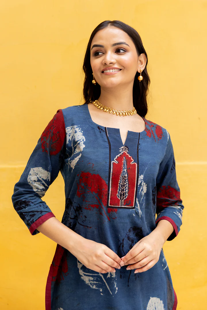 Ajrakh Blue Abstract leaf Print Kurta with Patchwork