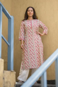 COTTON STRAIGHT KURTI - Anar Flower Jaal Print