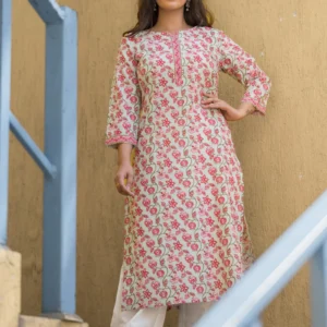COTTON STRAIGHT KURTI - Anar Flower Jaal Print